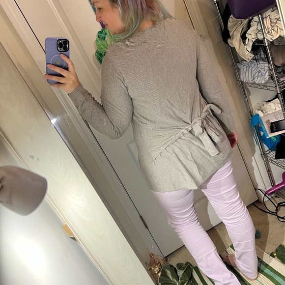 PURE JILL J TIE BACK LONG SUBTLE STRIPE TOP LONG SLEEVE NEUTRAL TAN BROWN L - Picture 1 of 13